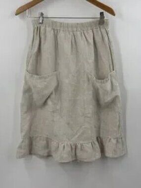 Linen skirt neutral beige cream stripe midi skirt pockets beach